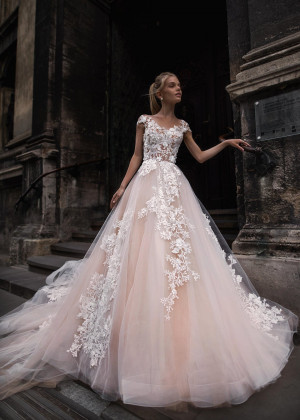 Beaded Cap Sleeve Ivory Lace Nude Tulle Romantic Wedding Dress Beaded Cap Sleeve Ivory Lace Nude Tulle Romantic Wedding Dress